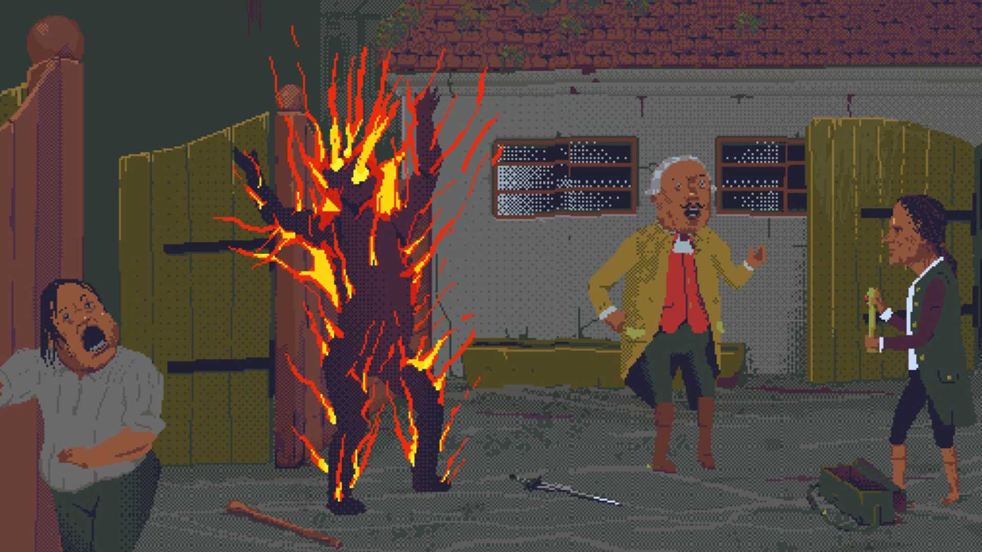 Man on fire in front of a crowd