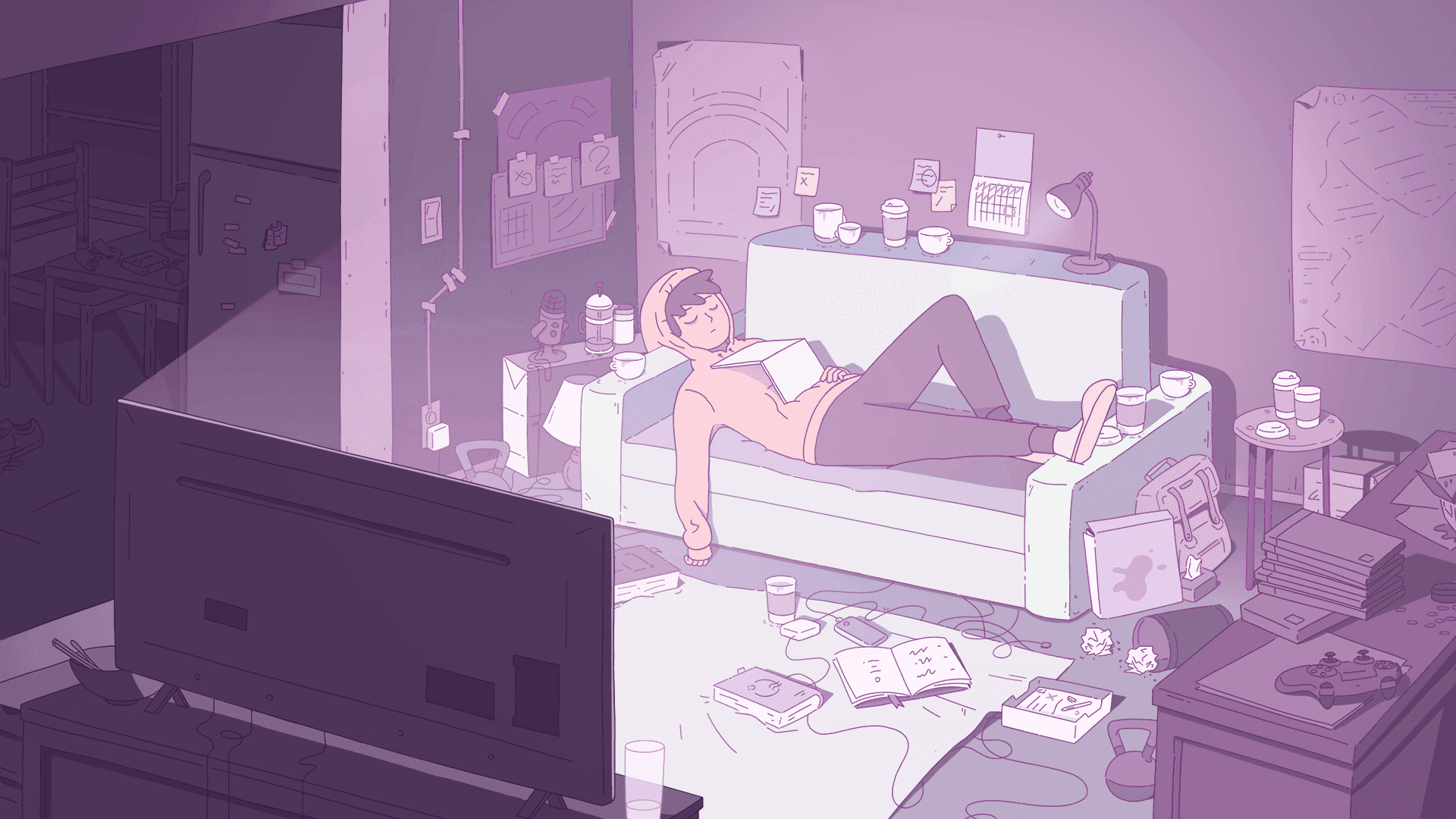 Main character on couch asleep